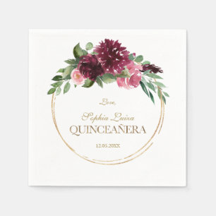 Burgundy Blush Floral Gold Mis Quince Quinceañera Servet
