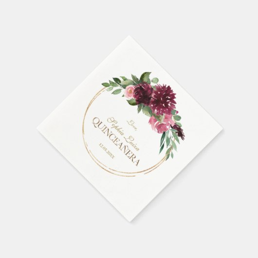 Burgundy Blush Floral Gold Mis Quince Quinceañera Servet (Hoek)