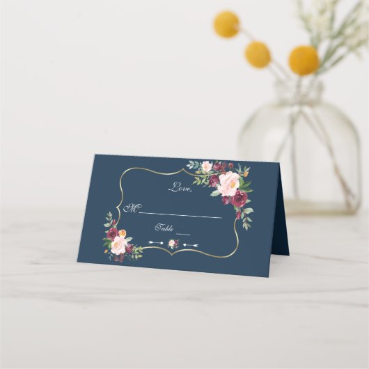 Burgundy Blush Floral Gold Navy Blue Table Number Plaatskaartje (Voorkant)