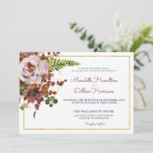 Burgundy Blush Floral Gold Photo Modern Wedding Kaart (Staand voorkant)