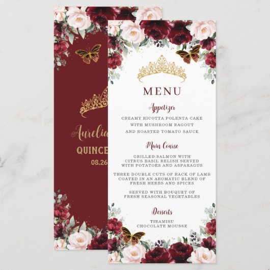 Burgundy Blush Floral Gold QUINCEAÑERA Party Menu (Voorkant / Achterkant)