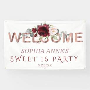 Burgundy Blush Floral Gold Sweet!6 Welkomstteken Spandoek