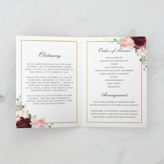 Burgundy Blush Floral Greenery Foto Funeral Programma (Binnen)