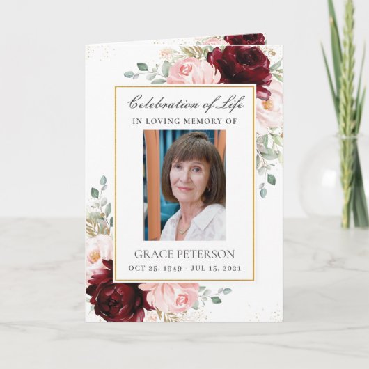 Burgundy Blush Floral Greenery Foto Funeral Programma (Voorkant)