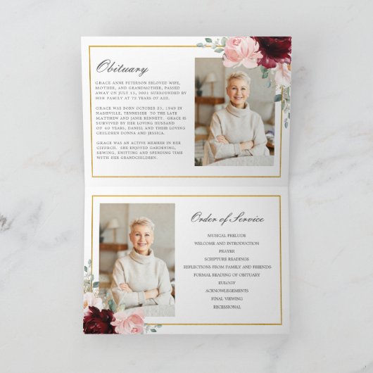 Burgundy Blush Floral Greenery Foto's Funeral Programma (Binnen)