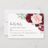 Burgundy Blush Floral Greenery Modern Wedding RSVP Kaartje (Voorkant)