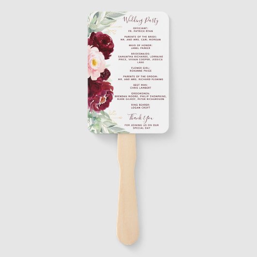 Burgundy Blush Floral Greenery Wedding Programme Handwaaier (Achterkant)