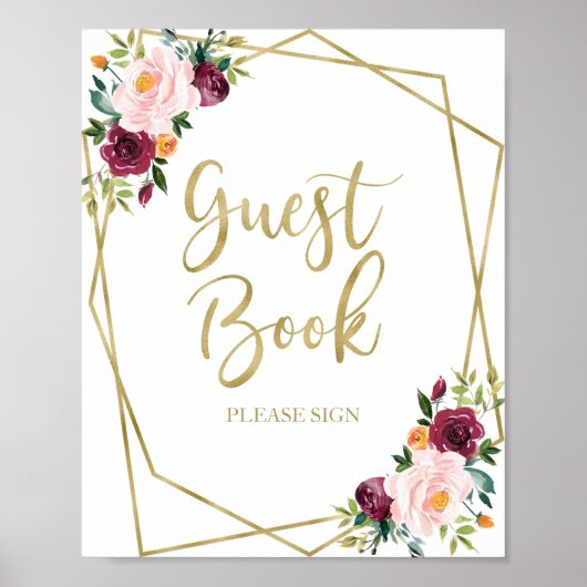 Burgundy Blush Floral Guest Book Sign Poster (Voorkant)