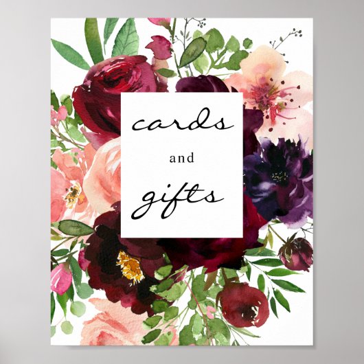 Burgundy & Blush Floral Kaarten & Gifts Sign Poste Poster (Voorkant)