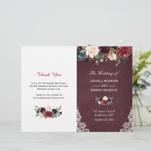 Burgundy Blush Floral Lace Folded Wedding Programm (Staand voorkant)