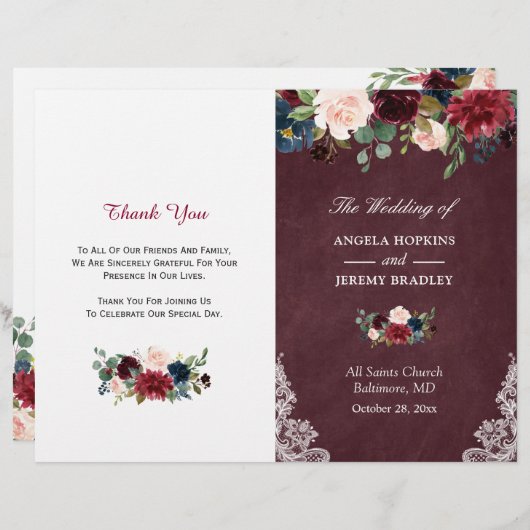 Burgundy Blush Floral Lace Folded Wedding Programm (Voorkant / Achterkant)