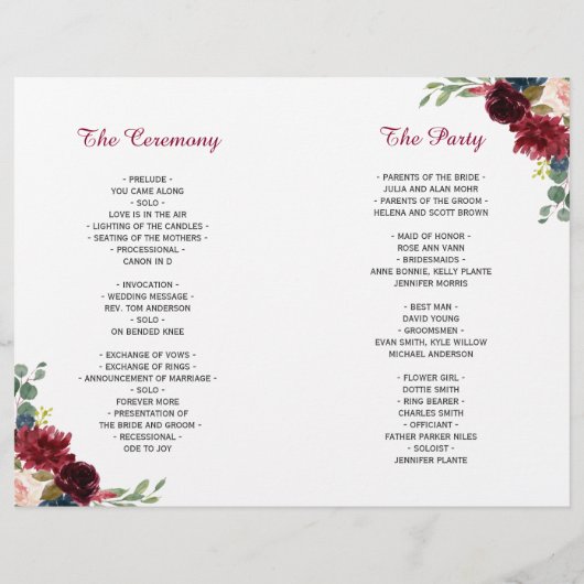 Burgundy Blush Floral Lace Folded Wedding Programm