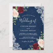 Burgundy Blush Floral Lace Navy Blue Wedding Kaart (Voorkant)