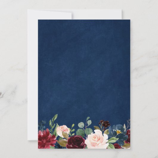 Burgundy Blush Floral Lace Navy Blue Wedding Kaart (Achterkant)