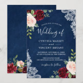 Burgundy Blush Floral Lace Navy Blue Wedding Kaart (Voorkant / Achterkant)