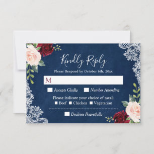 Burgundy Blush Floral Lace Navy Blue Wedding RSVP