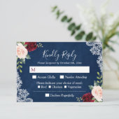 Burgundy Blush Floral Lace Navy Blue Wedding RSVP (Staand voorkant)