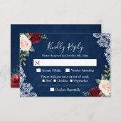 Burgundy Blush Floral Lace Navy Blue Wedding RSVP (Voorkant / Achterkant)