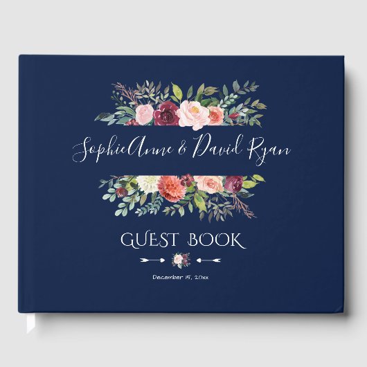 Burgundy Blush Floral Lijst Dark Blue Wedding Gastenboek (Voorkant)