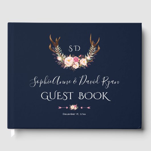 Burgundy Blush Floral Lijst Dark Blue Wedding Gastenboek (Voorkant)