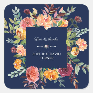 Burgundy Blush Floral Lijst Dark Blue Wedding Vierkante Sticker