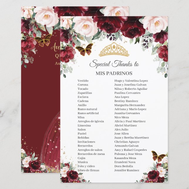 Burgundy Blush Floral Mis Padrinos Quinceañera (Voorkant / Achterkant)