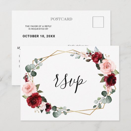 Burgundy Blush Floral Modern Geometric RSVP Briefkaart (Voorkant / Achterkant)