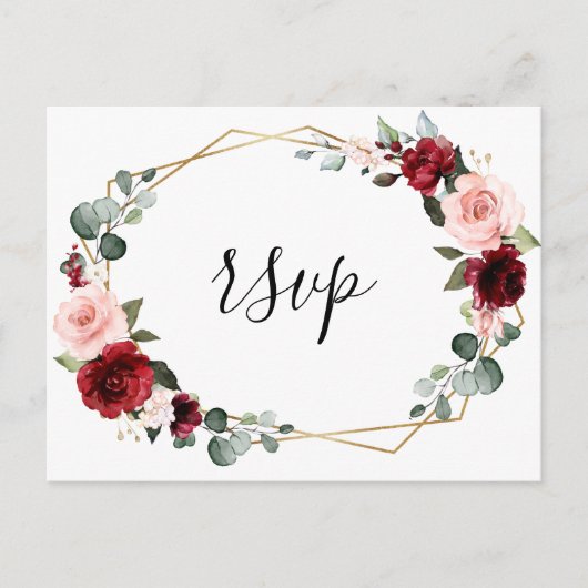 Burgundy Blush Floral Modern Geometric RSVP Briefkaart (Voorkant)
