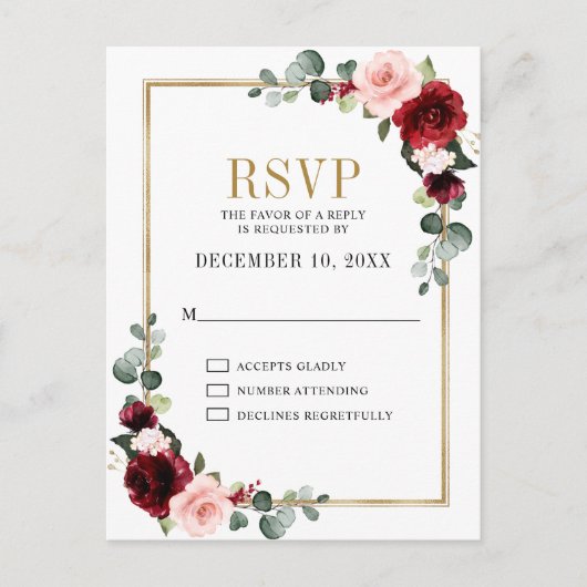 Burgundy Blush Floral Modern Geometric RSVP Briefkaart (Voorkant)