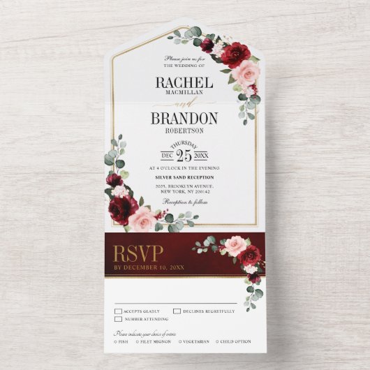 Burgundy Blush Floral Modern Geometric Weddenschap All In One Uitnodiging (Binnen)