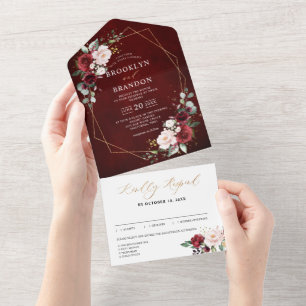 Burgundy Blush Floral Modern Geometric Weddenschap All In One Uitnodiging