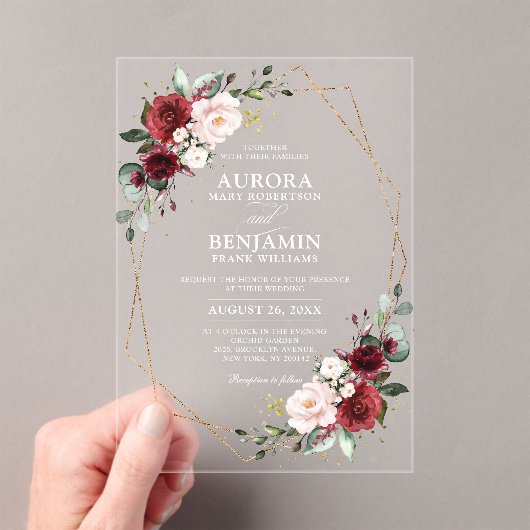 Burgundy Blush Floral Modern Geometric Wedding Acryl Uitnodigingen (Insitu (Draagbaar))