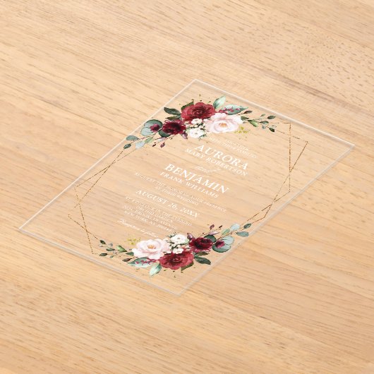 Burgundy Blush Floral Modern Geometric Wedding Acryl Uitnodigingen (Laagn)