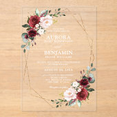 Burgundy Blush Floral Modern Geometric Wedding Acryl Uitnodigingen (Voorkant)