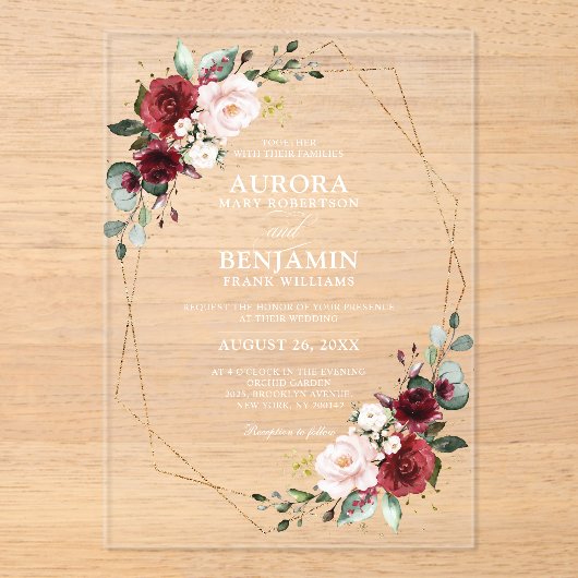 Burgundy Blush Floral Modern Geometric Wedding Acryl Uitnodigingen (Voorkant)