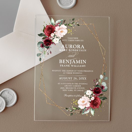 Burgundy Blush Floral Modern Geometric Wedding Acryl Uitnodigingen