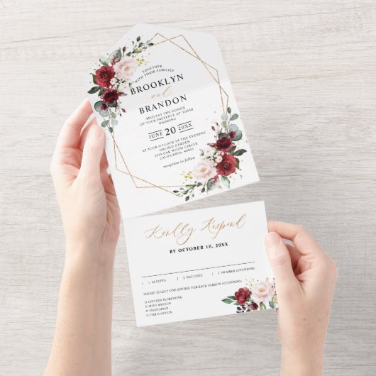 Burgundy Blush Floral Modern Geometric Wedding All In One Uitnodiging (Afscheurbaar)