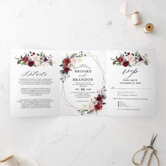Burgundy Blush Floral Modern Geometric Wedding Drieluik Programma (Binnen)