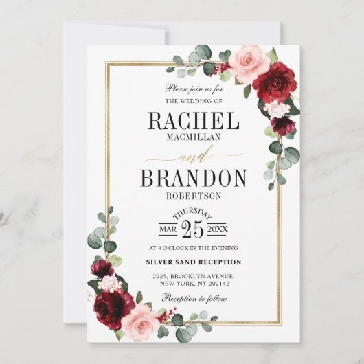 Burgundy Blush Floral Modern Geometric Wedding Kaart (Voorkant)