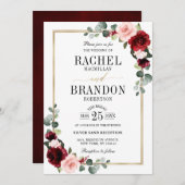Burgundy Blush Floral Modern Geometric Wedding Kaart (Voorkant / Achterkant)