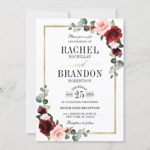 Burgundy Blush Floral Modern Geometric Wedding Kaart