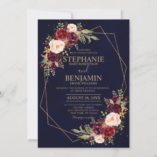 Burgundy Blush Floral Modern Geometric Wedding Kaart (Voorkant)