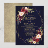 Burgundy Blush Floral Modern Geometric Wedding Kaart (Voorkant / Achterkant)