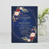 Burgundy Blush Floral Modern Geometric Wedding Kaart (Staand voorkant)