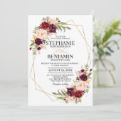 Burgundy Blush Floral Modern Geometric Wedding Kaart (Staand voorkant)