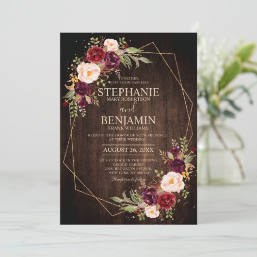 Burgundy Blush Floral Modern Geometric Wedding Kaart (Staand voorkant)