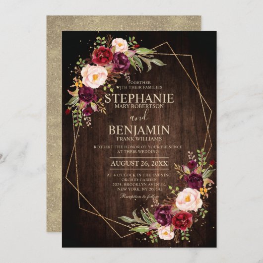 Burgundy Blush Floral Modern Geometric Wedding Kaart (Voorkant / Achterkant)