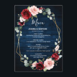 Burgundy Blush Floral Modern Geometric Wedding Menu<br><div class="desc">Elegante en moderne geometrische waterverf bloemige bruiloft menukaart beschikt over een boeket van Bourgondië / Marsala, blush roze, perzik waterverf rozen met bijpassend gebladerte op marineblauwe rustieke houten achtergrond. Ideaal voor een herfst / midzomer bruiloft. Vind meer bijpassende design en variaties van mijn "blissweddingpaperie" winkel. En neem gerust contact met...</div>