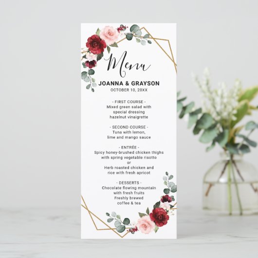 Burgundy Blush Floral Modern Geometric Wedding Menu (Staand voorkant)