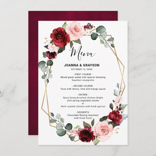 Burgundy Blush Floral Modern Geometric Wedding Menu (Voorkant / Achterkant)